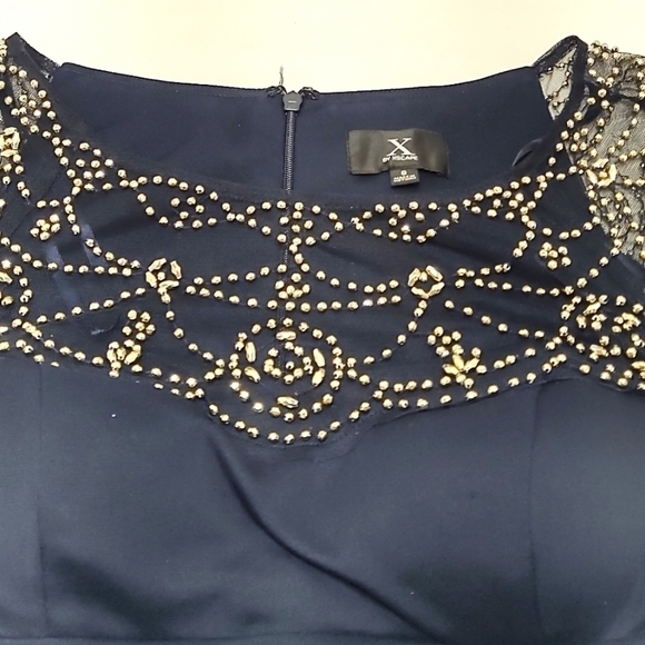 Navy Blue Cocktail Dress with Beaded Illusion Neckline – Elegant Party or Formal - Picture 4 of 6